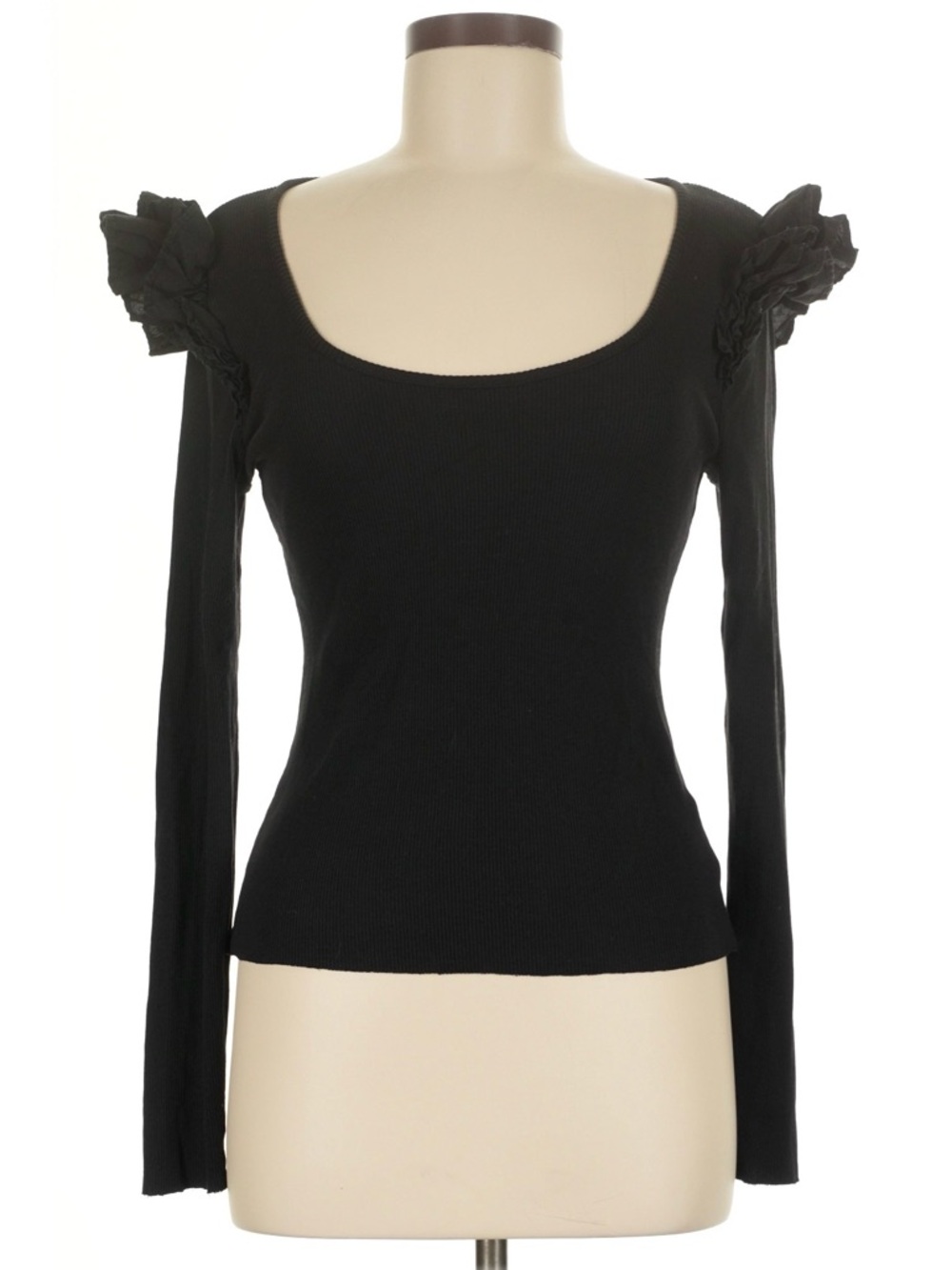 Nation LTD Black Pima Cotton Ribbed Ruffle Longsleeve Top Size XS